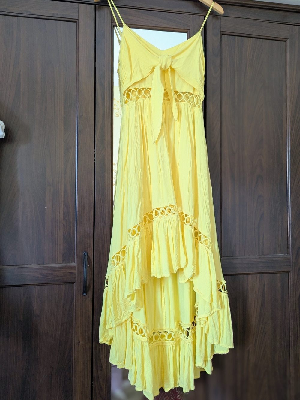 Yellow Summer Dress Long Midi High Low Tie Front Ruffle Cutout Medium